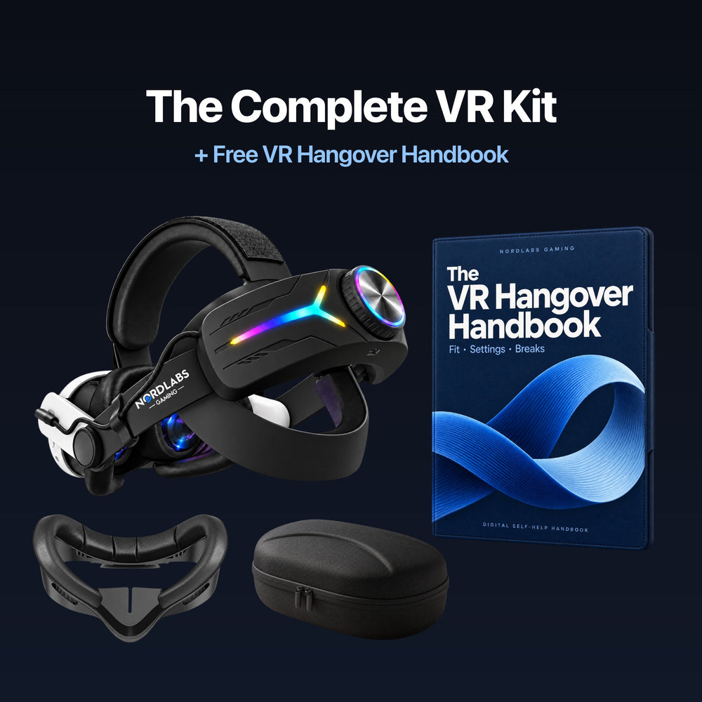 The Complete VR Kit — Black Comfort Strap + Battery Pack and Free VR Hangover Handbook with Comfort Face Pad and Carrying Case