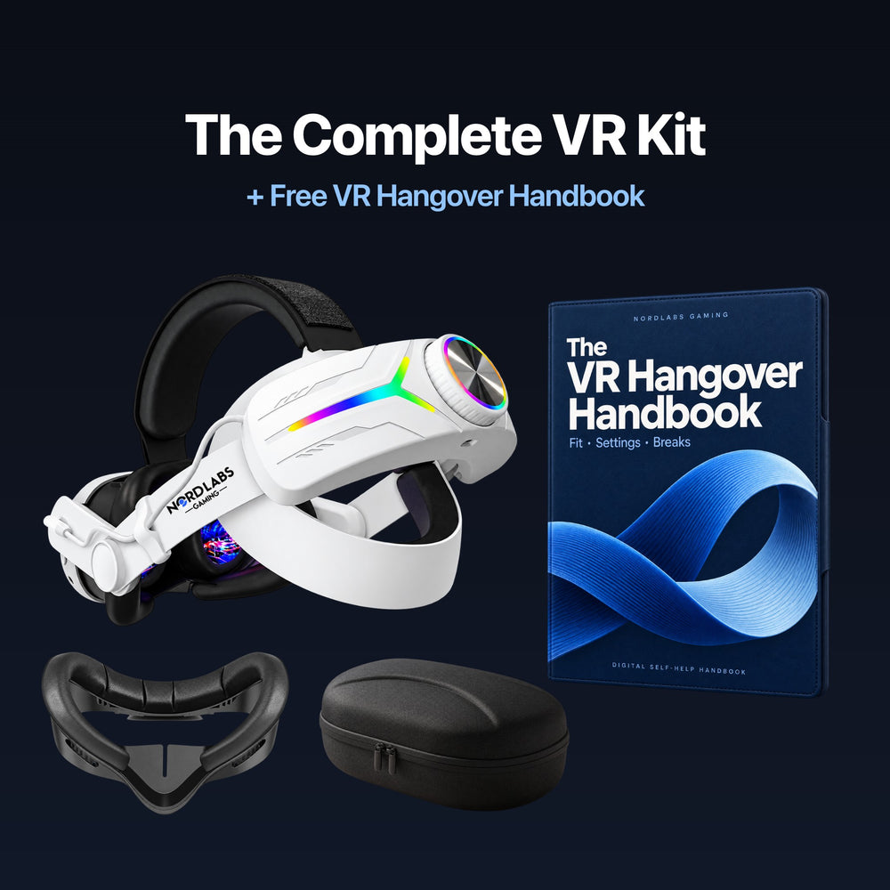 The Complete VR Kit — White Comfort Strap + Battery Pack and Free VR Hangover Handbook with Comfort Face Pad and Carrying Case