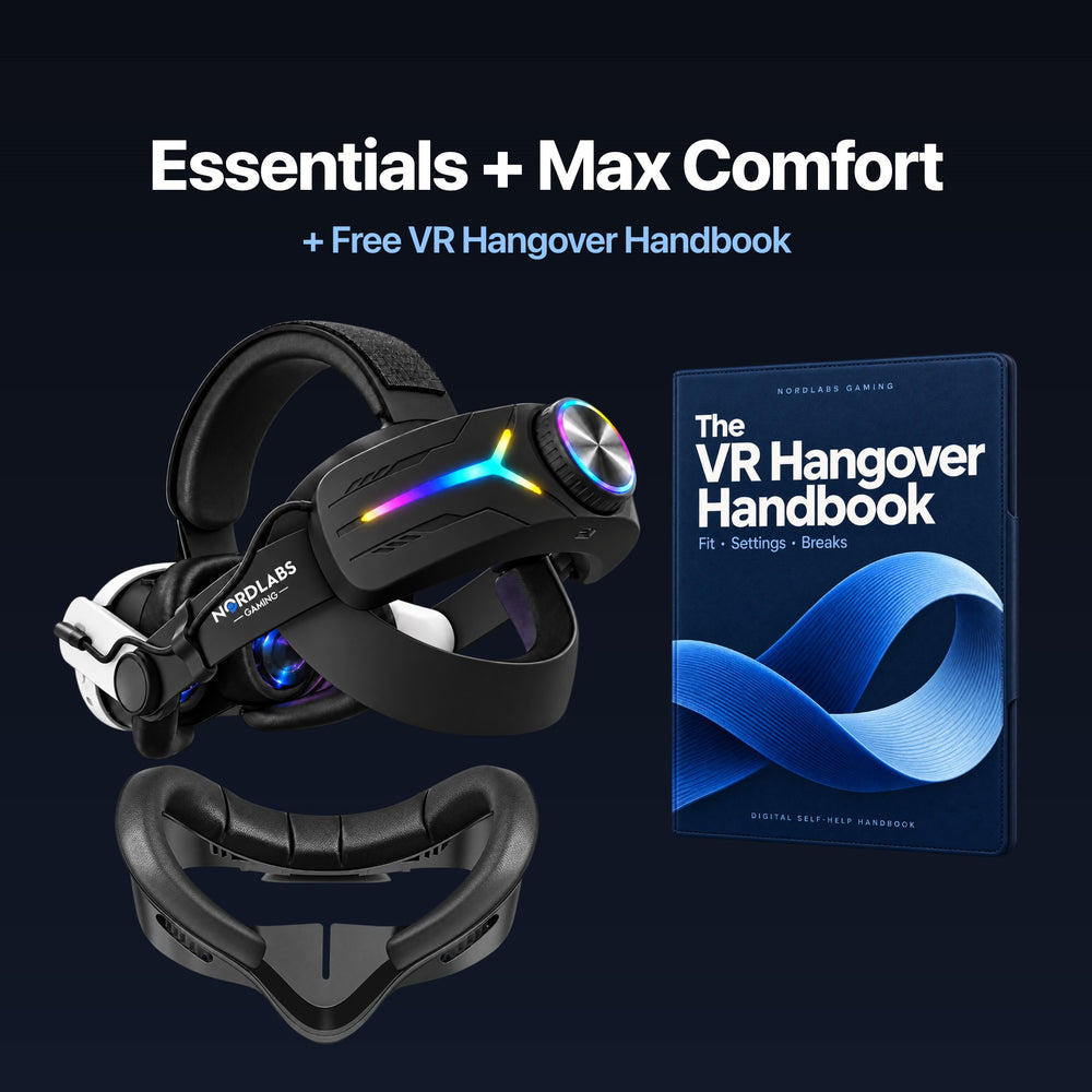 Essentials + Max Comfort — Black Comfort Strap + Battery Pack and Free VR Hangover Handbook with Comfort Face Pad