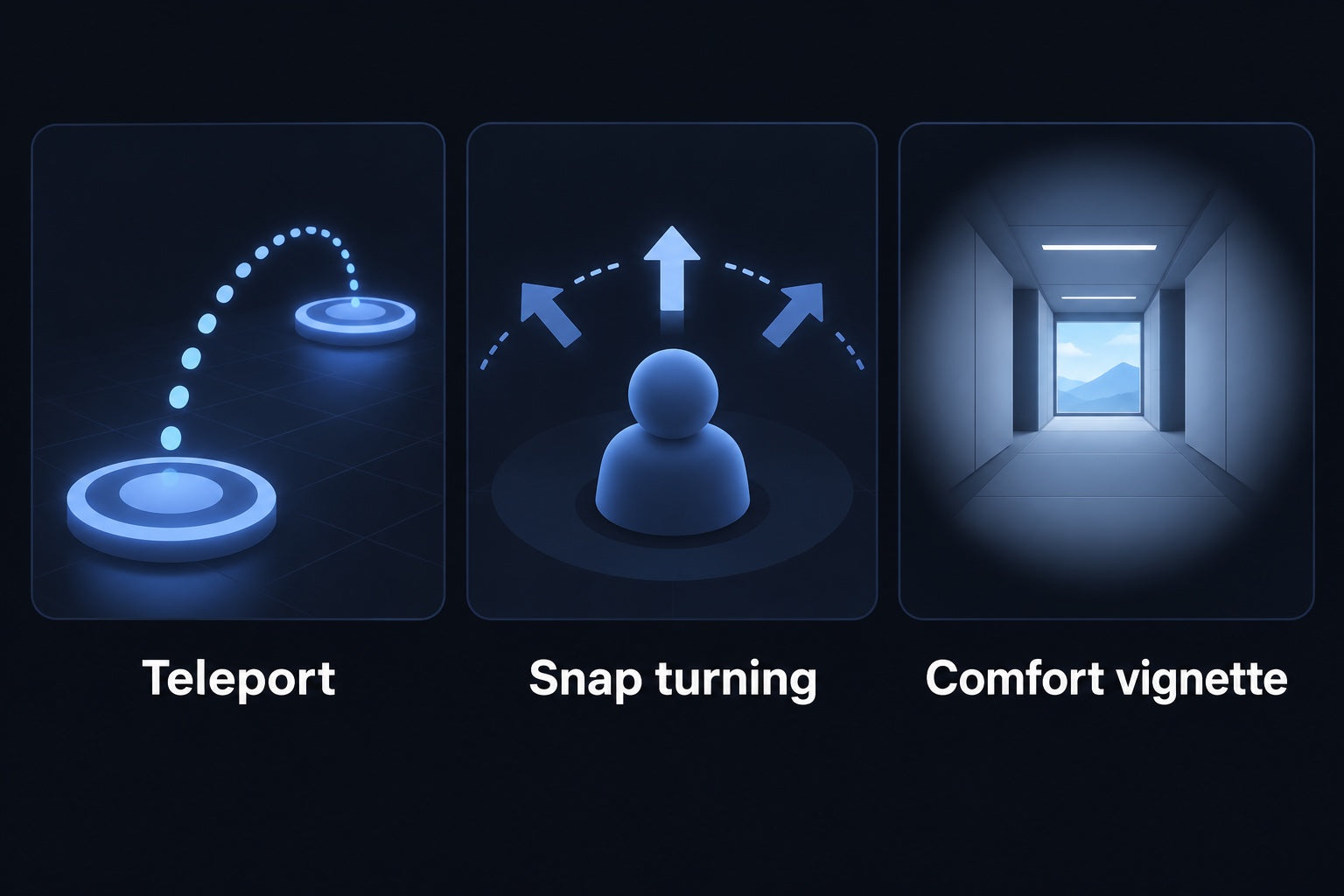 Concept illustrations of teleporting, snap turning, and a comfort vignette