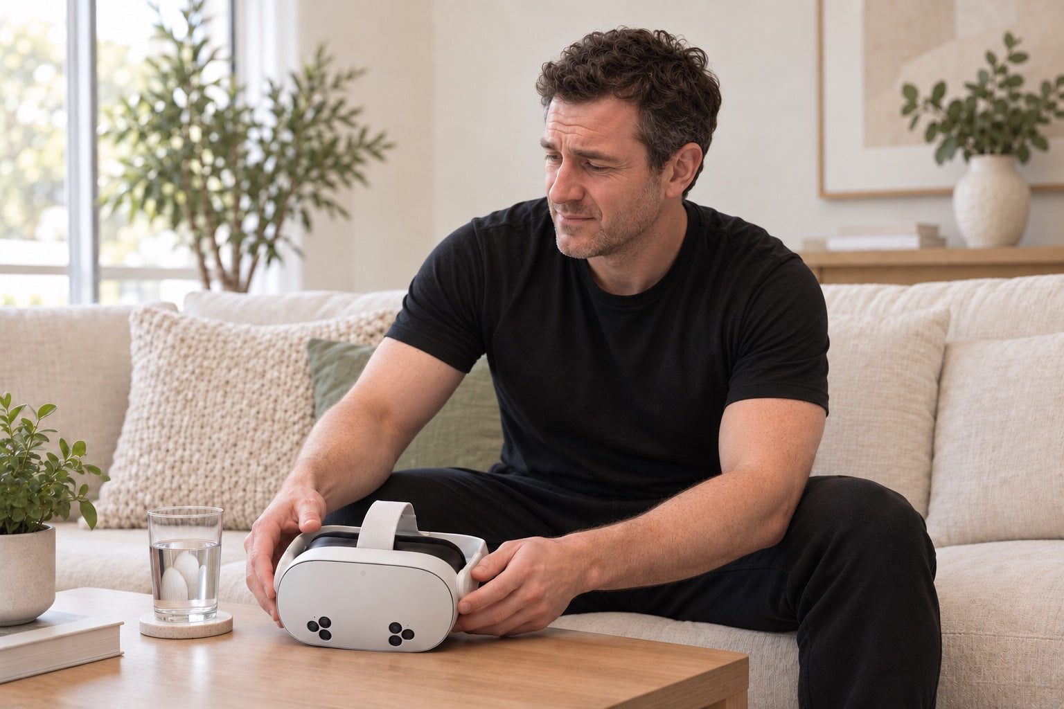 Illustrative scene of taking a seated break and putting a Quest headset down