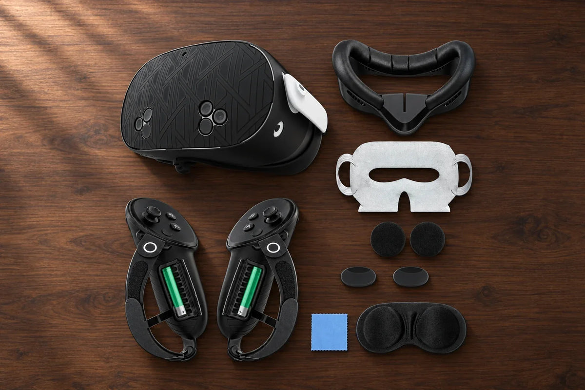NordLabs Complete Protection Bundle for Meta Quest 3 laid out on a walnut desk