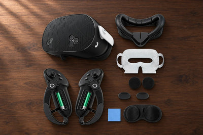 NordLabs Complete Protection Bundle for Meta Quest 3 laid out on a walnut desk