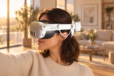 A woman playing on a Meta Quest 3 with the NordLabs Comfort Strap with Battery Pack in a sunlit living room