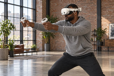 A man using full-body motion in VR on a Meta Quest 3 in an open loft