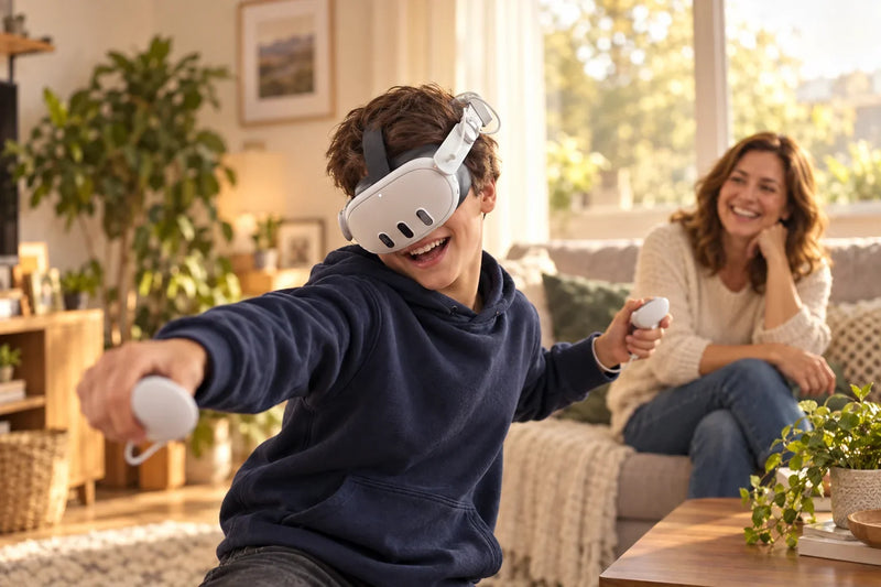 A teen playing a Meta Quest 3 while his mom watches and laughs on the couch