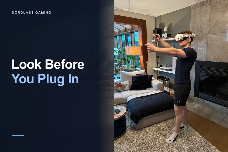Adult wearing a Meta Quest 3S headset with a white rigid strap and holding two controllers indoors