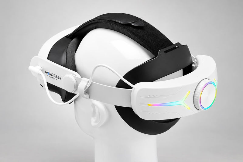 Rear three-quarter view of a white mannequin head wearing a NordLabs Gaming head strap with a white battery module, black padded rear support and adjustment dial.