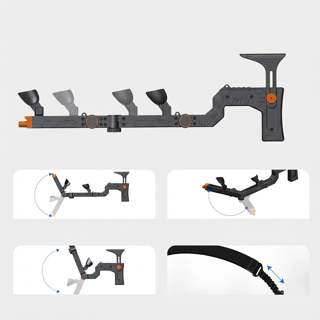 Adjustable VR gun stock for Meta Quest 3 showing length and angle adjustments