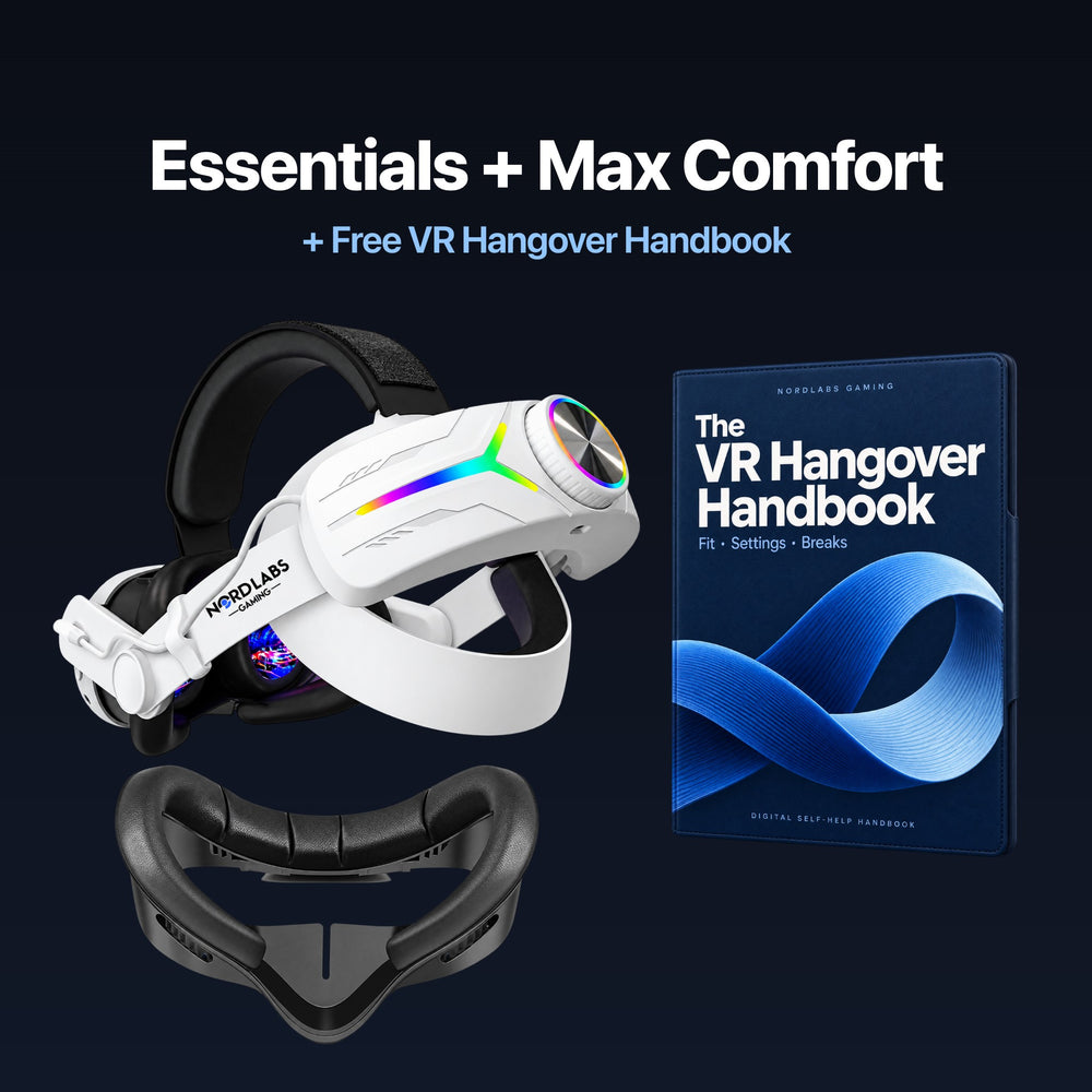 Essentials + Max Comfort — White Comfort Strap + Battery Pack and Free VR Hangover Handbook with Comfort Face Pad