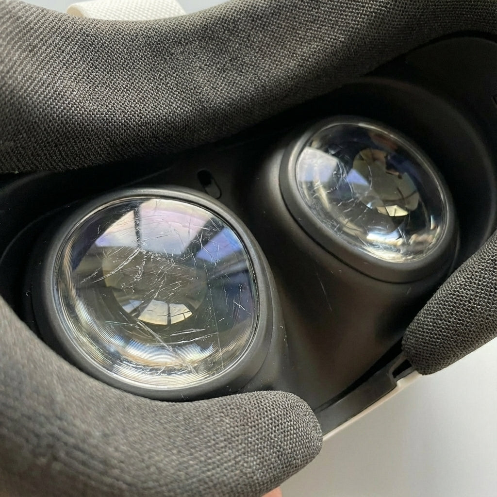 Close-up of a Quest scracthed lenses