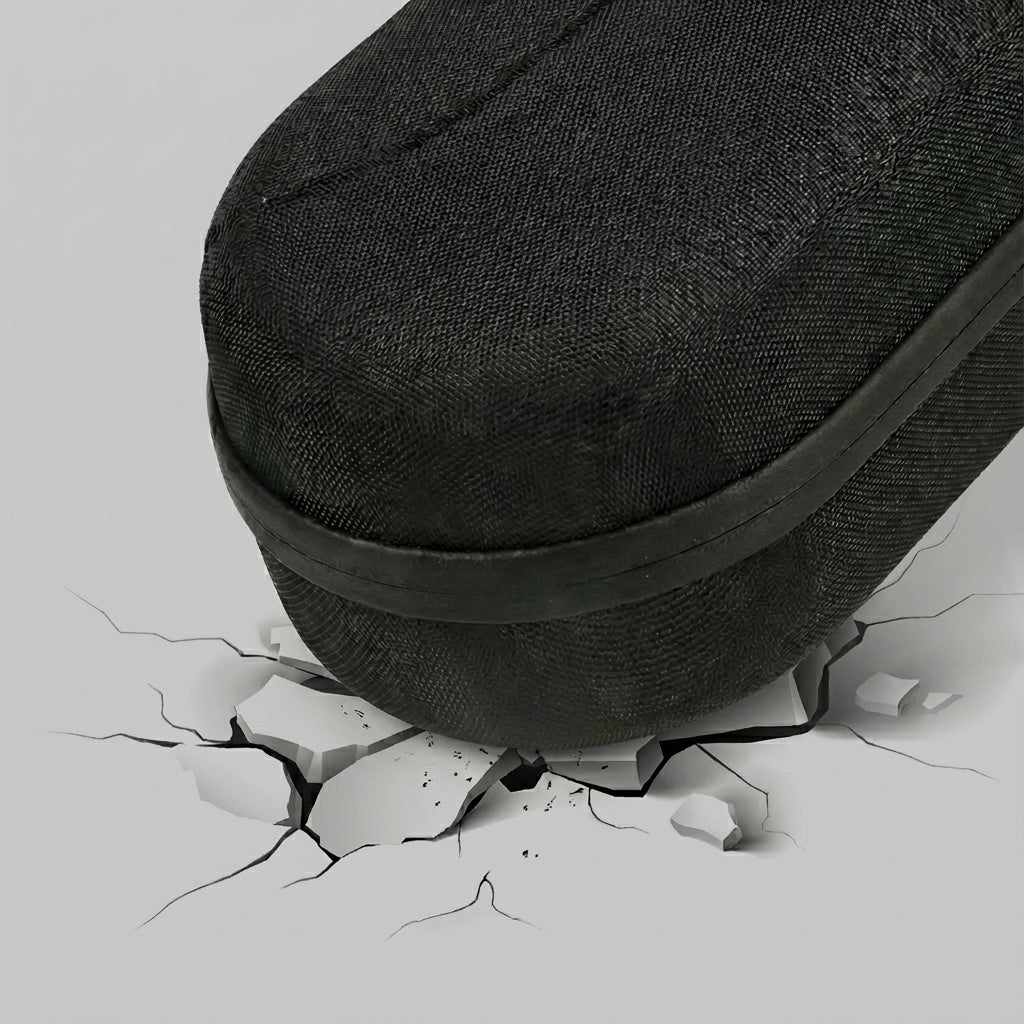 Close-up of a reinforced hard-shell case securely holding a premium device, showing how the case absorbs impact and protects the device.