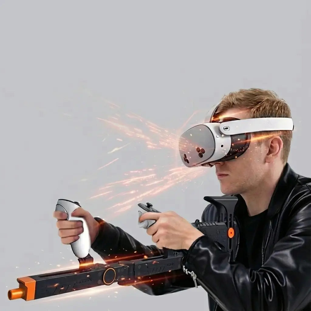 Player using VR gun stock with Meta Quest headset for immersive shooting gameplay