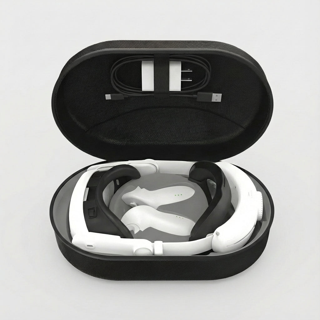 Close-up of a sleek travel case with the VR headset securely placed inside and cables neatly organized