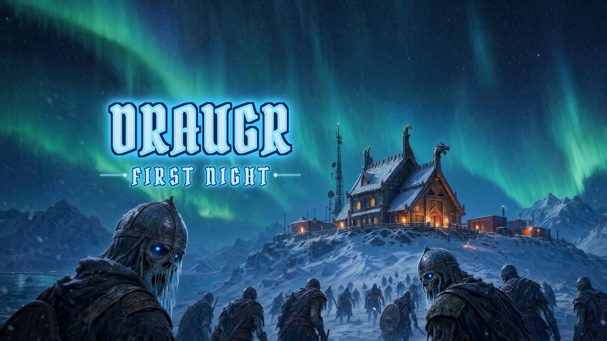 DRAUGR: First Night. A horde of Norse undead marches through the snow toward a lit-up mead hall under the aurora.