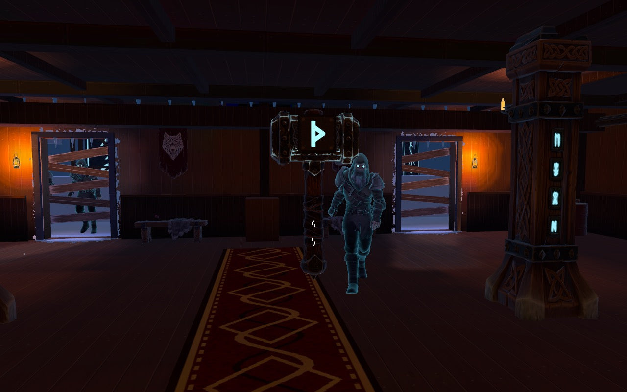 The lightning hammer floating over the hall, marked with a glowing rune