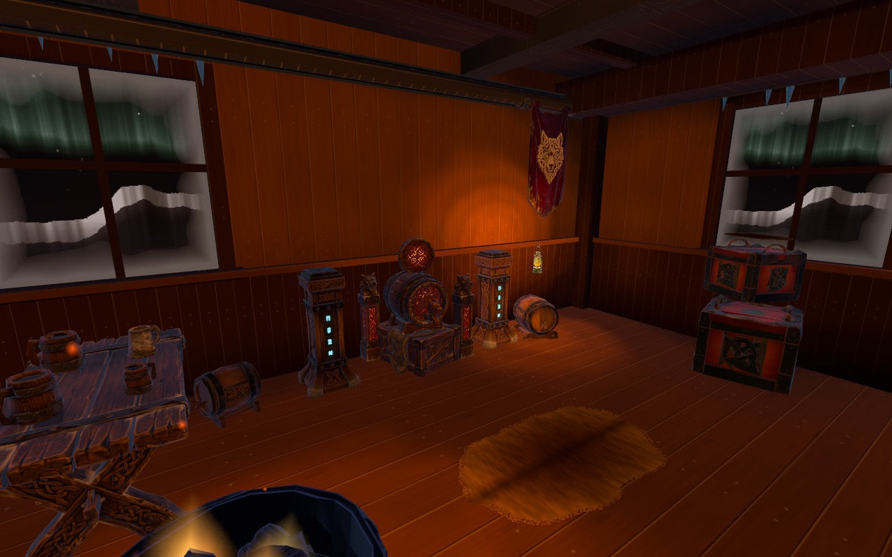 Mead barrels and chests in a corner of the hall, aurora outside the windows