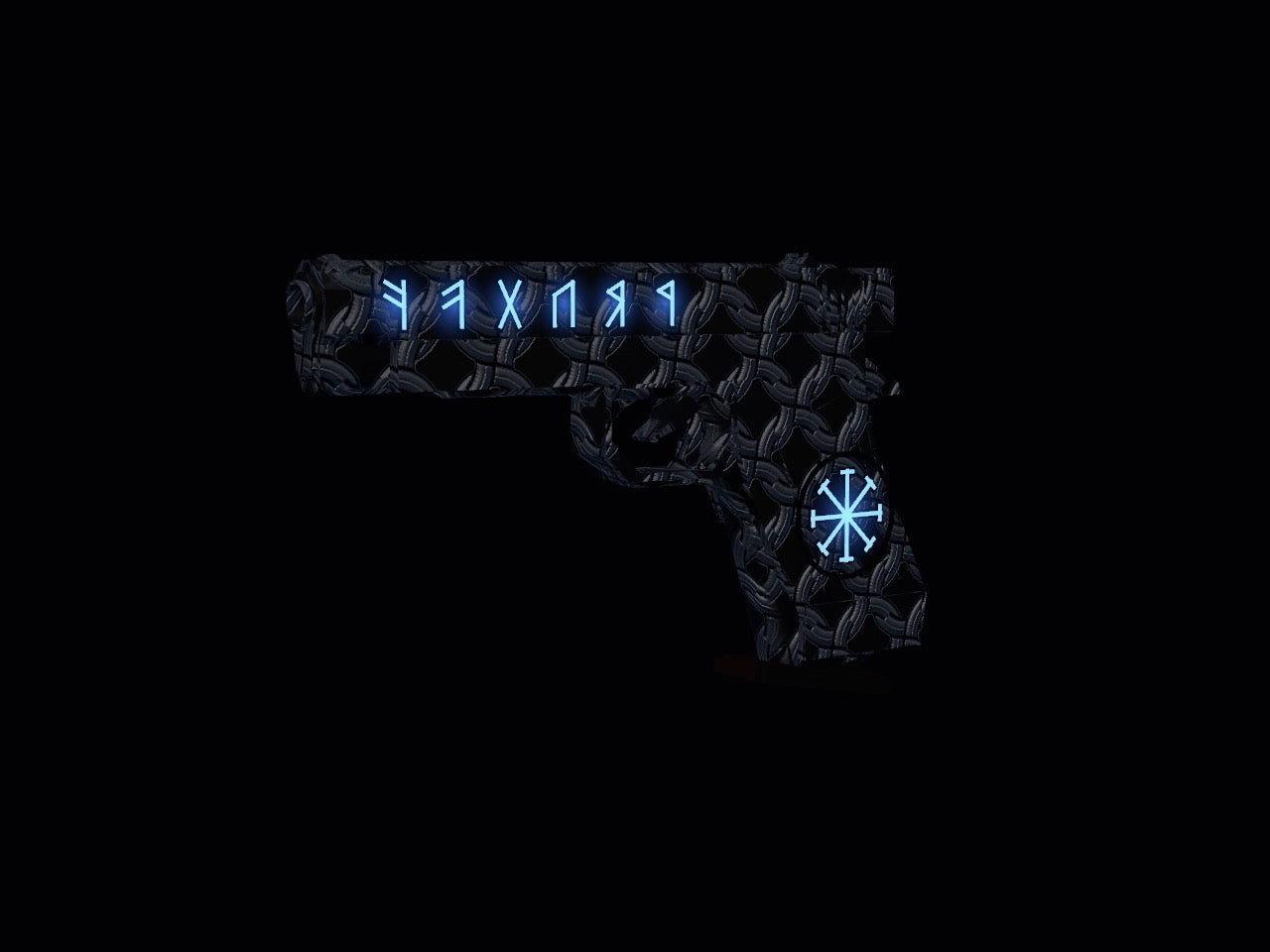A pistol carved with Norse knotwork and glowing runes after the Rune Forge