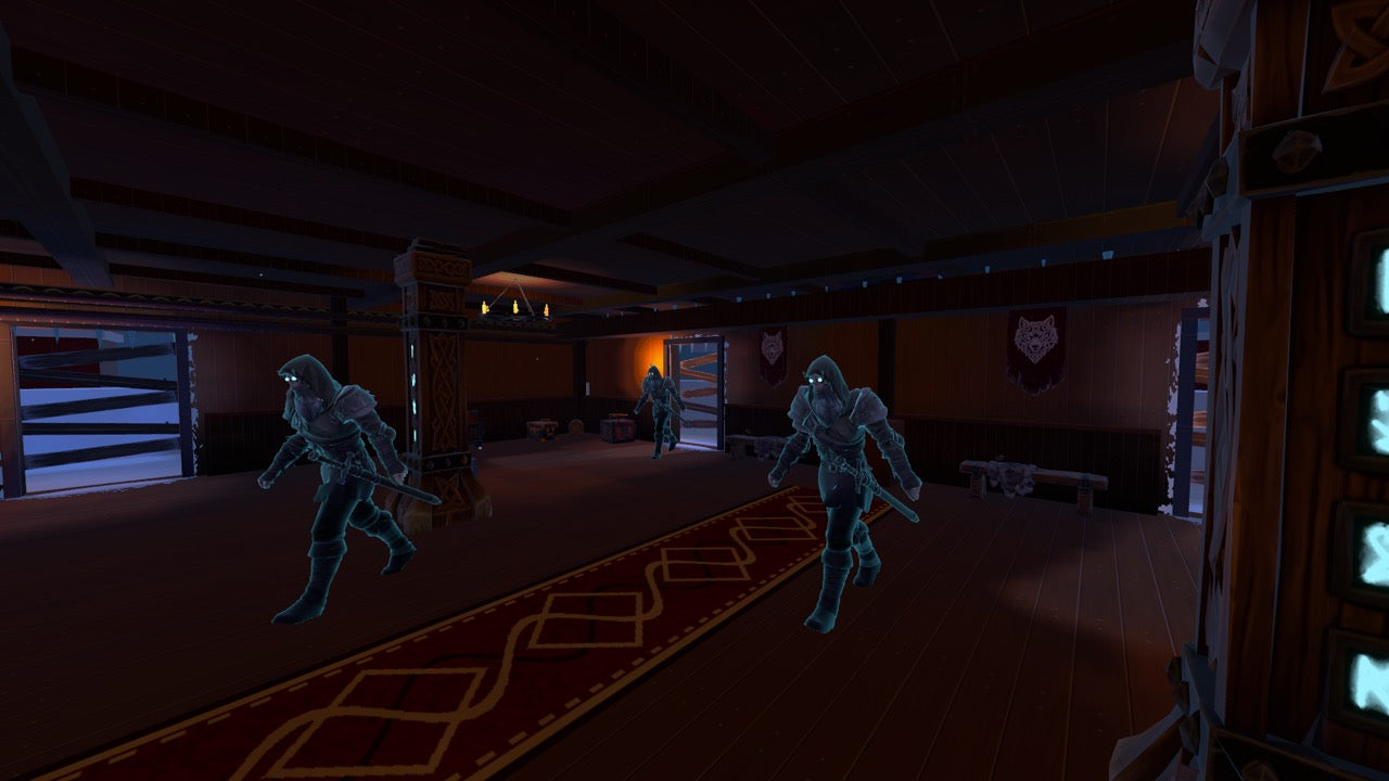 Draugr walking through the mead hall toward the player