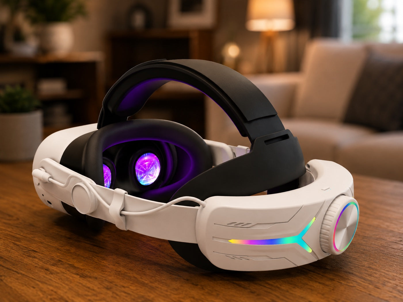 NordLabs strap's rear battery module and RGB fit dial on a living-room table