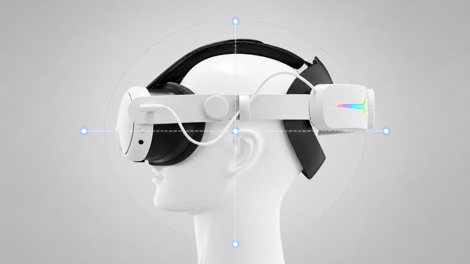 Center-of-gravity diagram: the NordLabs halo strap balancing the headset's weight around the head