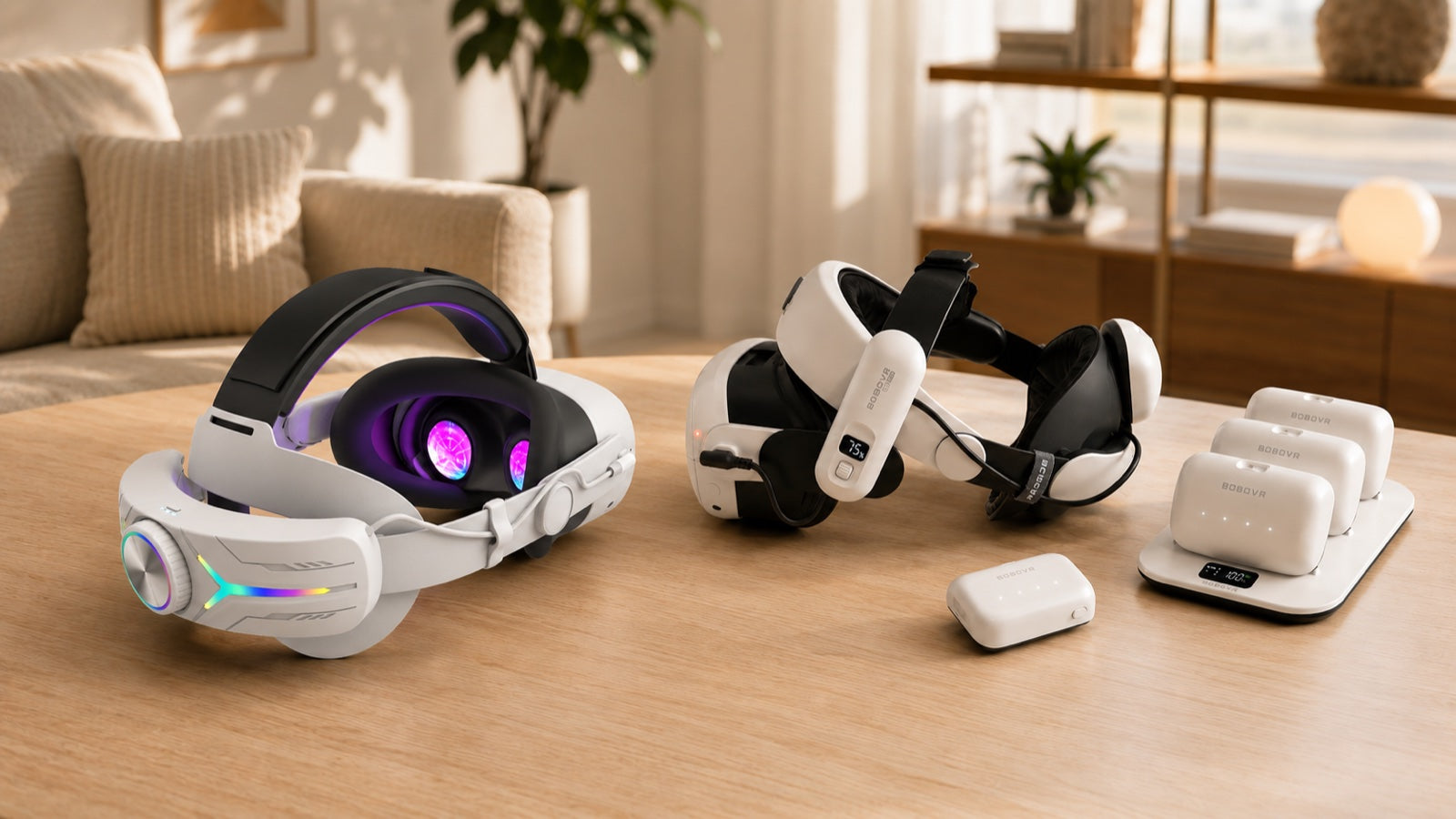 NordLabs strap (left) next to a BOBOVR strap with its charging dock and spare batteries