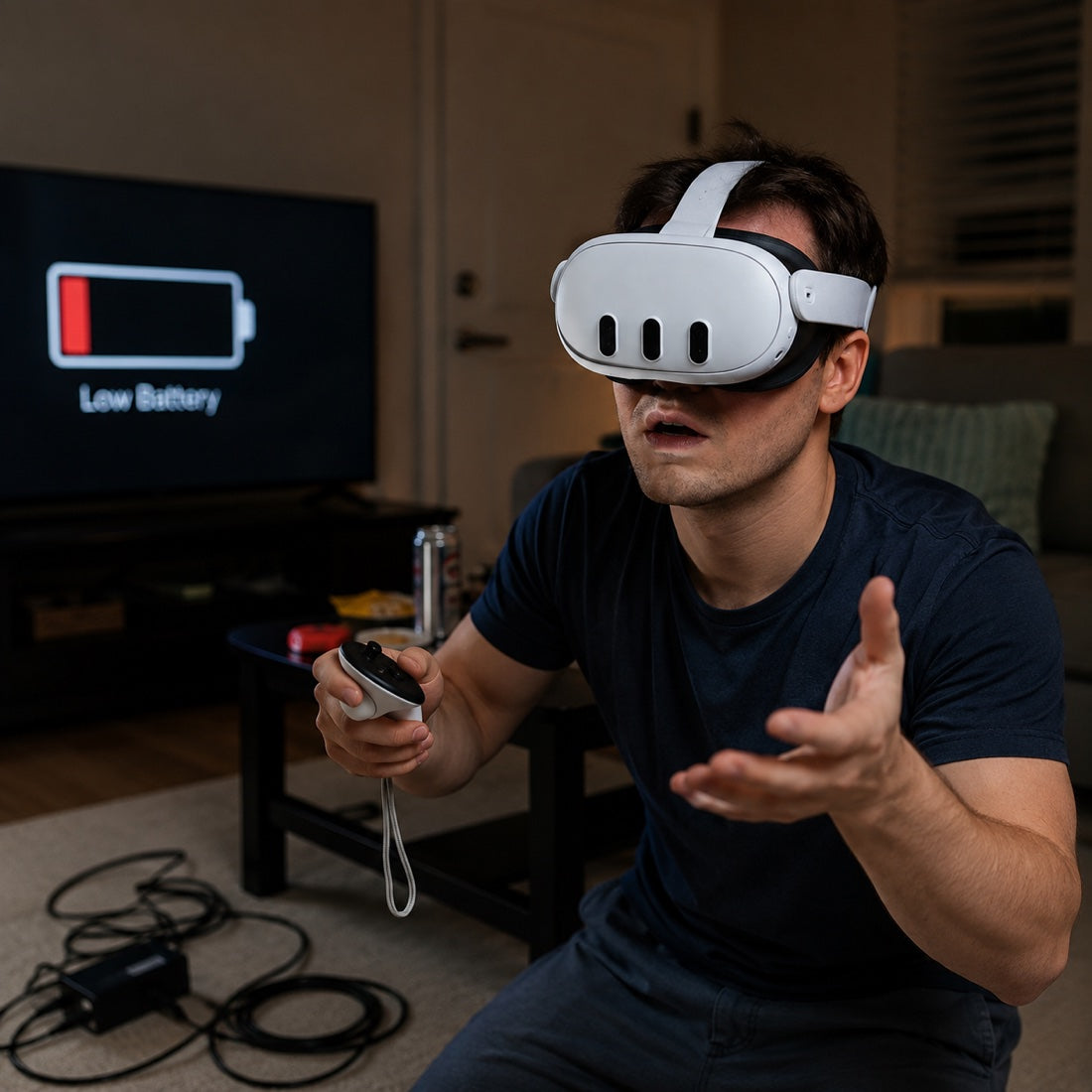 VR user frustrated as a low-battery warning shows on the TV mid-game