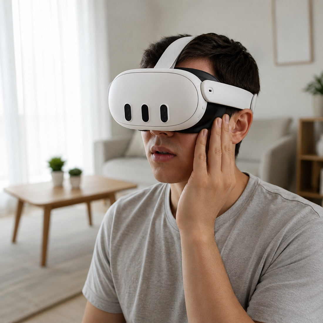 VR user pressing their cheek from front-heavy headset face pressure