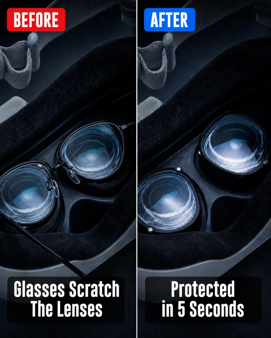Before and after comparison of glasses touching Quest lenses and NordLabs magnetic prescription inserts