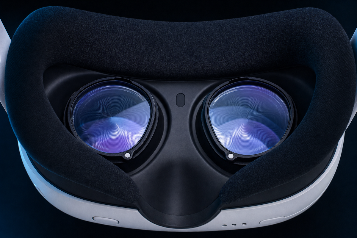 Prescription lenses installed cleanly inside a Meta Quest 3 headset