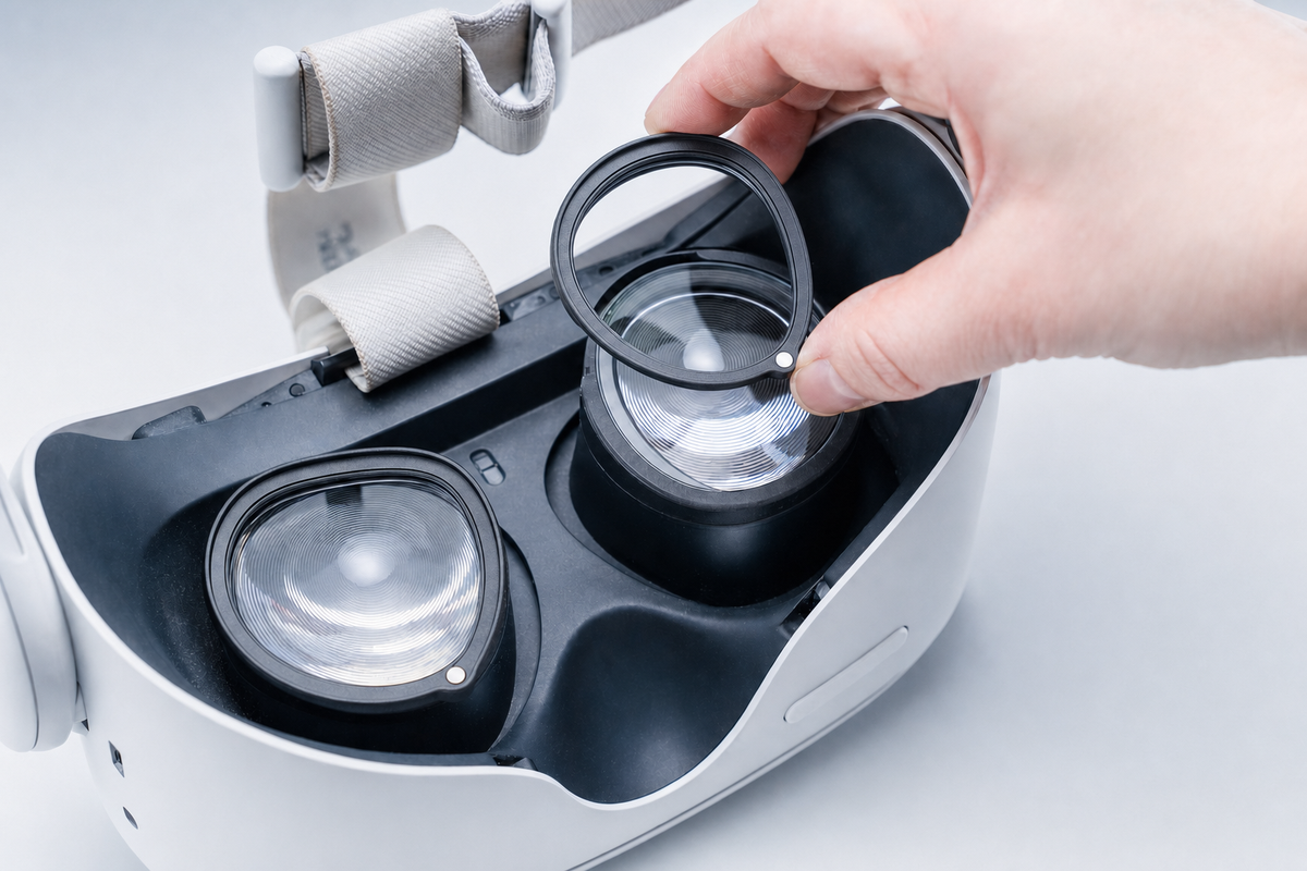 Magnetic prescription insert clicking onto a Meta Quest 3 lens