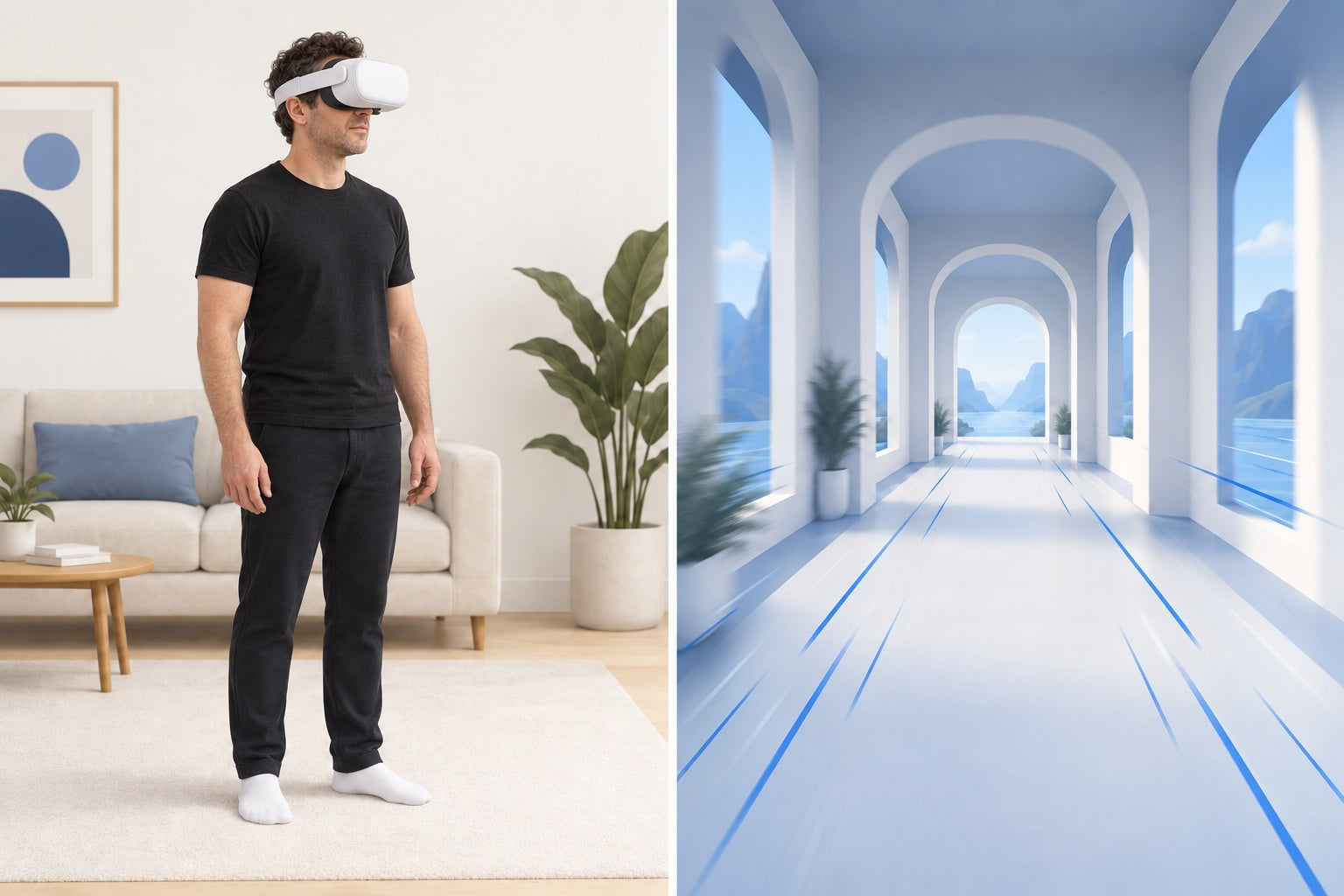 Concept illustration contrasting a person standing still in a room with movement through a virtual corridor