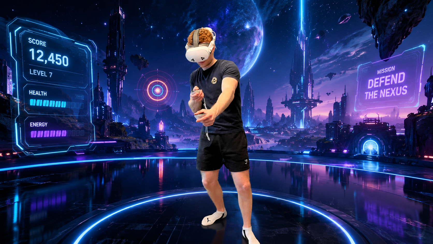 Person playing an immersive VR mission with a score and health HUD